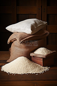 食品放桌上背景图片_木桌上放着一个白色米袋