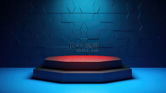 彩色蓝色六角形图案背景，带照明讲台，用于以方形格式 3D 渲染图像展示产品