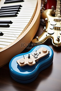 一张木桌上的图片里有鼓吉他萨克斯管和记事本