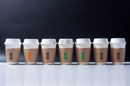 一系列带有回收标志吸管和标签的一次性咖啡杯