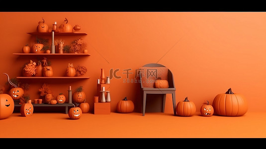 工作室房间中橙色主题万圣节横幅的 3D 插图，带有用于产品展示的复制空间