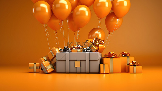 橙色优惠券气球和礼物的节日折扣 3D 渲染