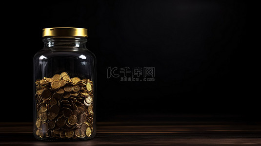 透明罐子内的金色比特币 3d 呈现在黑色和木质背景上，描绘金融概念