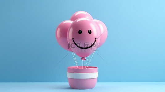 3d 蓝色背景上带着笑脸的欢快的粉色气球