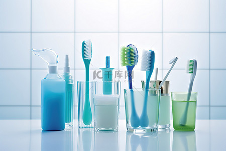 蓝色牙刷花瓶蓝色牙刷盒牙刷头和牙刷架