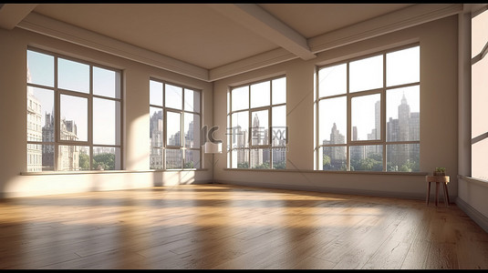 宽敞的 3D 工作室公寓内部配有全景窗户