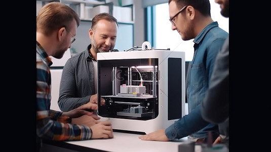 生意背景图片_三名男子聚集在 3D 打印机周围
