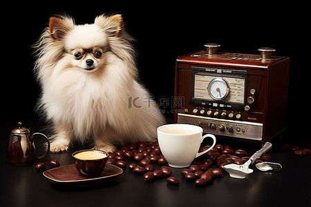 剪纸帽子花背景图片_咖啡豆收音机小狗和收音机