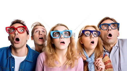 白色爱情背景图片_穿着休闲装的时尚家庭，戴着 3D 眼镜，在白色背景下观看带着恐惧表情的电影