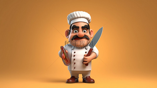 卡通风格的厨师在 3D 插图中挥舞着一把超大的刀