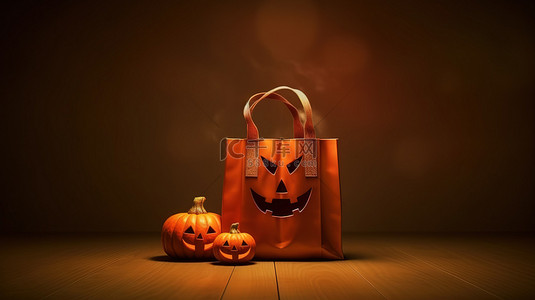 秋季海报背景图片_携带袋子和杰克灯笼南瓜的怪异购物 3D 渲染，带有文本空间