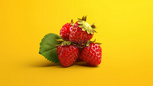 低聚草莓黄色背景的 3d 插图