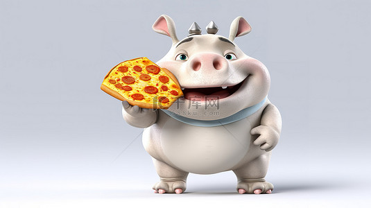 有趣的犀牛卡通姿势与美味的披萨