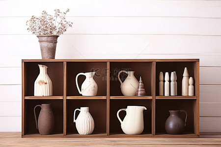 现代花瓶背景图片_带空花瓶的现代木制展示柜
