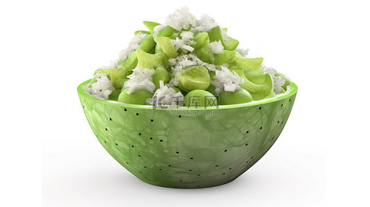 绿色瓜 bingsu 刨冰在 3d 渲染卡通风格隔离在白色背景