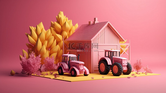 孤立的粉红色背景与 3D 木屋树木和绿色拖拉机在农村地区从黄叶中的区域视图