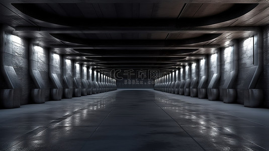 宽敞昏暗的通道，一个 3D 渲染的空工作室，水泥墙被黑光照亮