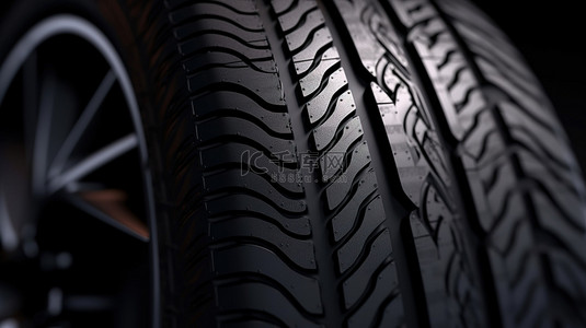 黑色背景特写视图中具有聚焦效果的汽车轮胎的 3D 插图