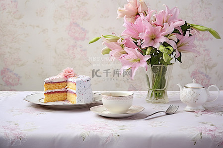 蛋糕放在鲜花旁边的桌子上
