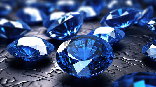 耀石背景图片_闪亮的蓝色钻石蓝宝石排列在光滑的背景上，重点突出使用 3D 渲染技术创建的中心物体