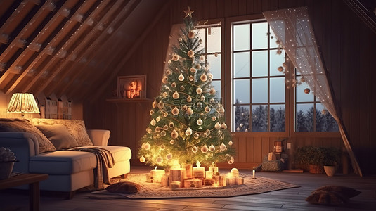 舒适的斯堪的纳维亚农舍客厅 3D 渲染中照亮的节日圣诞树