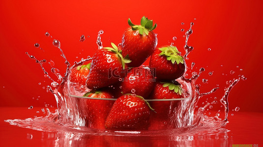 充满活力的 3D 插图多汁草莓，水溅在大胆的红色背景上