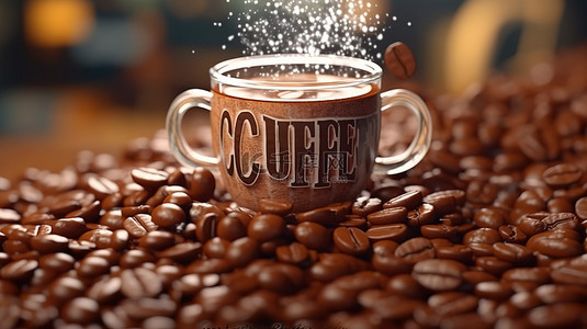 3D 渲染爱尔兰咖啡版式与咖啡豆设计和刻字报价