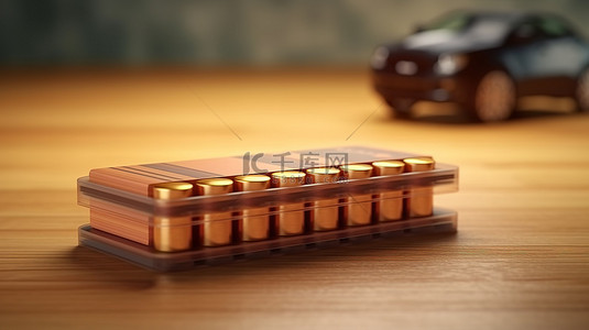 电动汽车概念锂离子电池 木桌上电动汽车电池的 3D 渲染