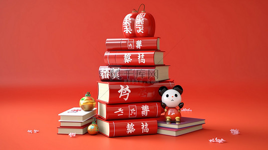 充满活力的 3D 红色背景上可爱的日语短语和书籍