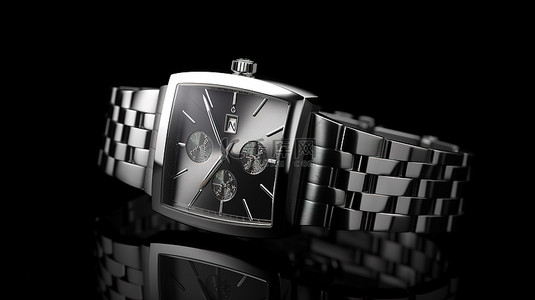 一款时尚而永恒的银色模拟男士手表，放置在以 3D 渲染呈现的黑色立方体上