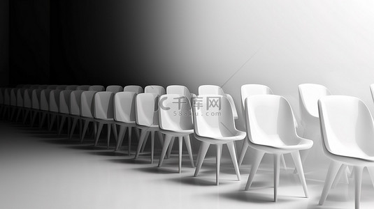 出色的白色椅子排成一排，引人注目的 3D 插图