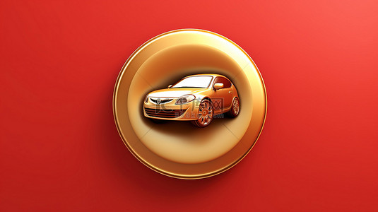 哑光红板上的金色汽车图标 3d 渲染的社交媒体符号