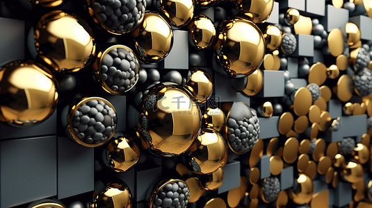 抽象 3D 墙壁艺术中的几何金色和黑色球体