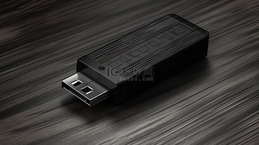 光滑的黑色 USB 驱动器在哑光黑色木材 3D 渲染上