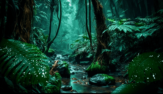 雨中的森林小溪流水石头树叶风景绿色自然背景