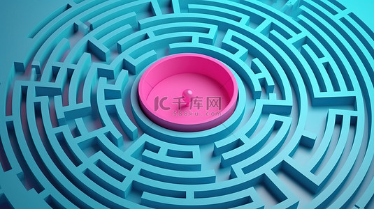 蓝色背景下设置的粉红色圆形迷宫的顶视图 3d 渲染