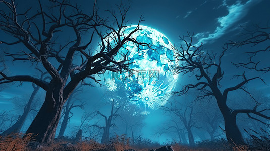 山树剪影背景图片_蓝天图形背景 3d 渲染上满月的怪异万圣节场景树剪影