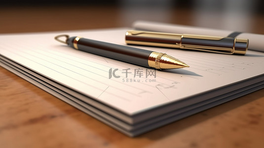 笔的背景图片_用于记笔记的纸和笔的 3D 渲染插图