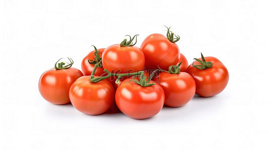 在白色背景上新鲜采摘和分离的西红柿的 3D 渲染