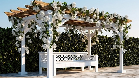 白色 3D 设计中带有花卉装饰的装饰凉棚