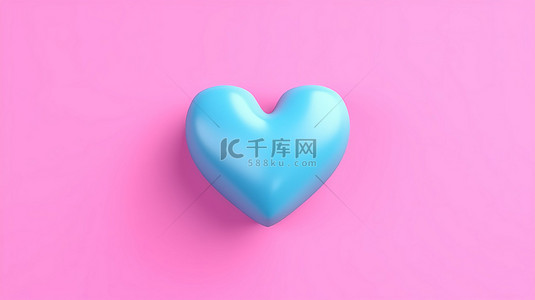 单色蓝心象征着纯粉色背景上的爱 3D 从下面渲染