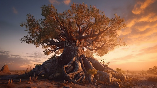 绿色藤蔓缠绕背景图片_1 巨大的古老魔法树，树干有数百年历史，日落时根部相互缠绕3D 插图
