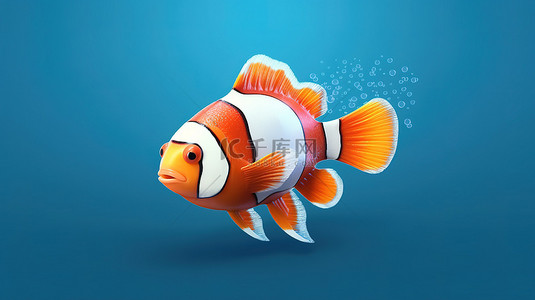 3D 渲染的卡通小丑鱼在红海中以蓝色背景为背景