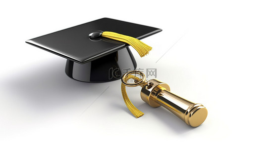 教育技能党建背景图片_3d 渲染的毕业帽和钥匙象征着白色背景上的教育