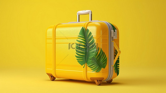 棕榈背景图片_带有热带棕榈树叶的充满活力的黄色旅行箱的 3D 渲染