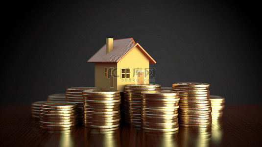 3D 渲染房屋和硬币堆叠用于房地产投资概念