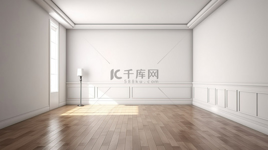 空间简单 3D 渲染一个白色墙壁和木地板的房间
