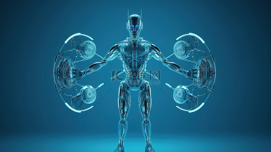 算了图案背景图片_蓝色背景展示了 3d 渲染的维特鲁威机器人或机器人