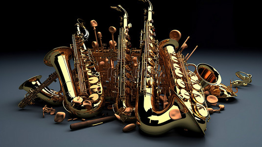 3D 渲染中的一堆乐器，包括萨克斯管
