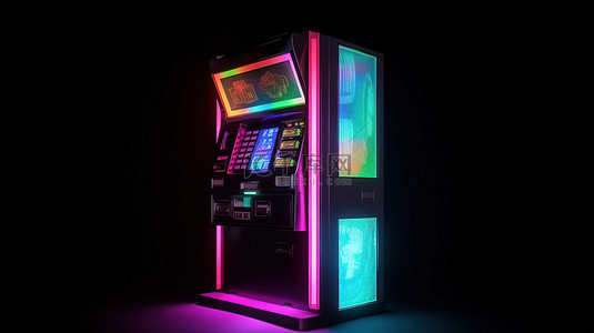 Atm 机的 3D 渲染在黑色背景下闪烁着彩色体积光